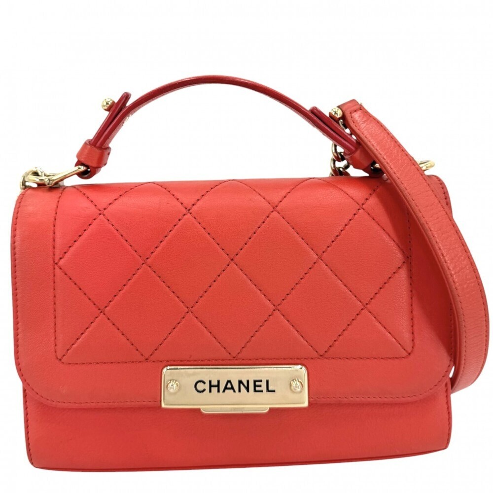Chanel Click Label Matelassé Chain Shoulder Bag for Women, Leather, Orange To...